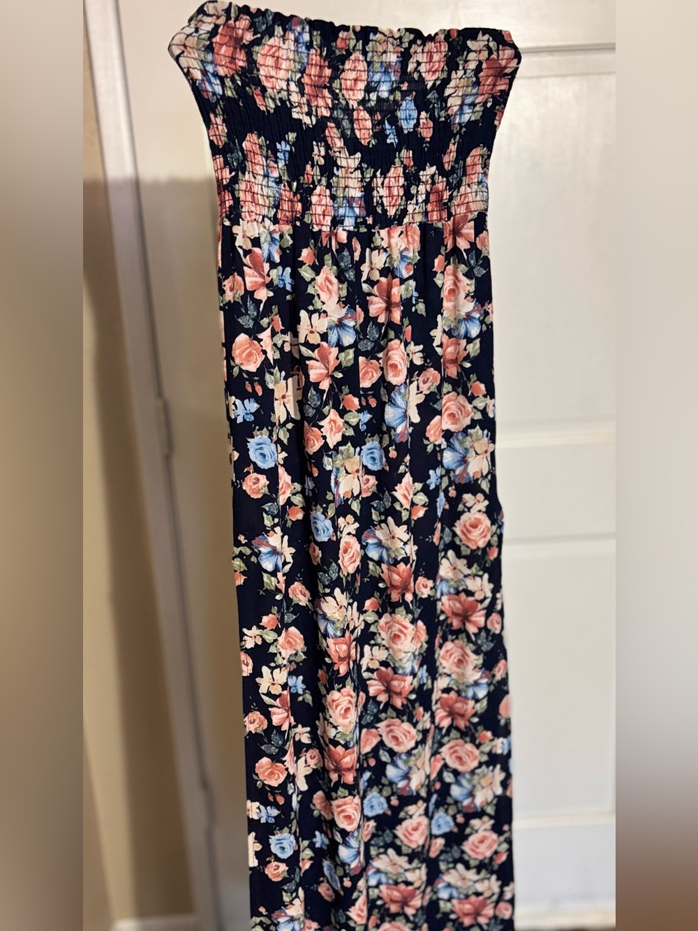 Fashion Nova Navy Maxi Strapless Dress with Pink and Blue Floral Print
